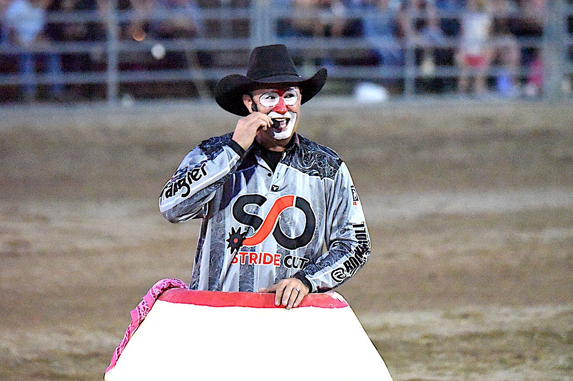 Rodeo clown Mike Wallace entertained the crowd Friday, July 25, 2025, at the Kootenai River Stampede in Libby. (Scott Shindledecker/The Western News)