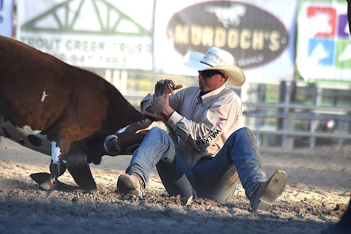 Whitehall, Montana's Jake Nelson competed in the steer wrestling Friday, July 25, 2025, at the Kootenai River Stampede in Libby. (Scott Shindledecker/The Western News)