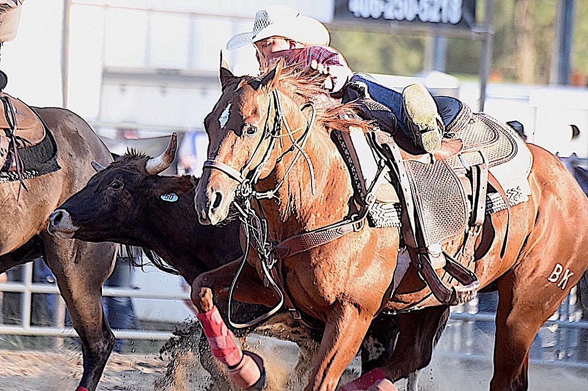 Hamilton, Montana's Kris Anderson competed in the steer wrestling event Friday, July 25, 2025, at the Kootenai River Stampede in Libby. (Scott Shindledecker/The Western News)