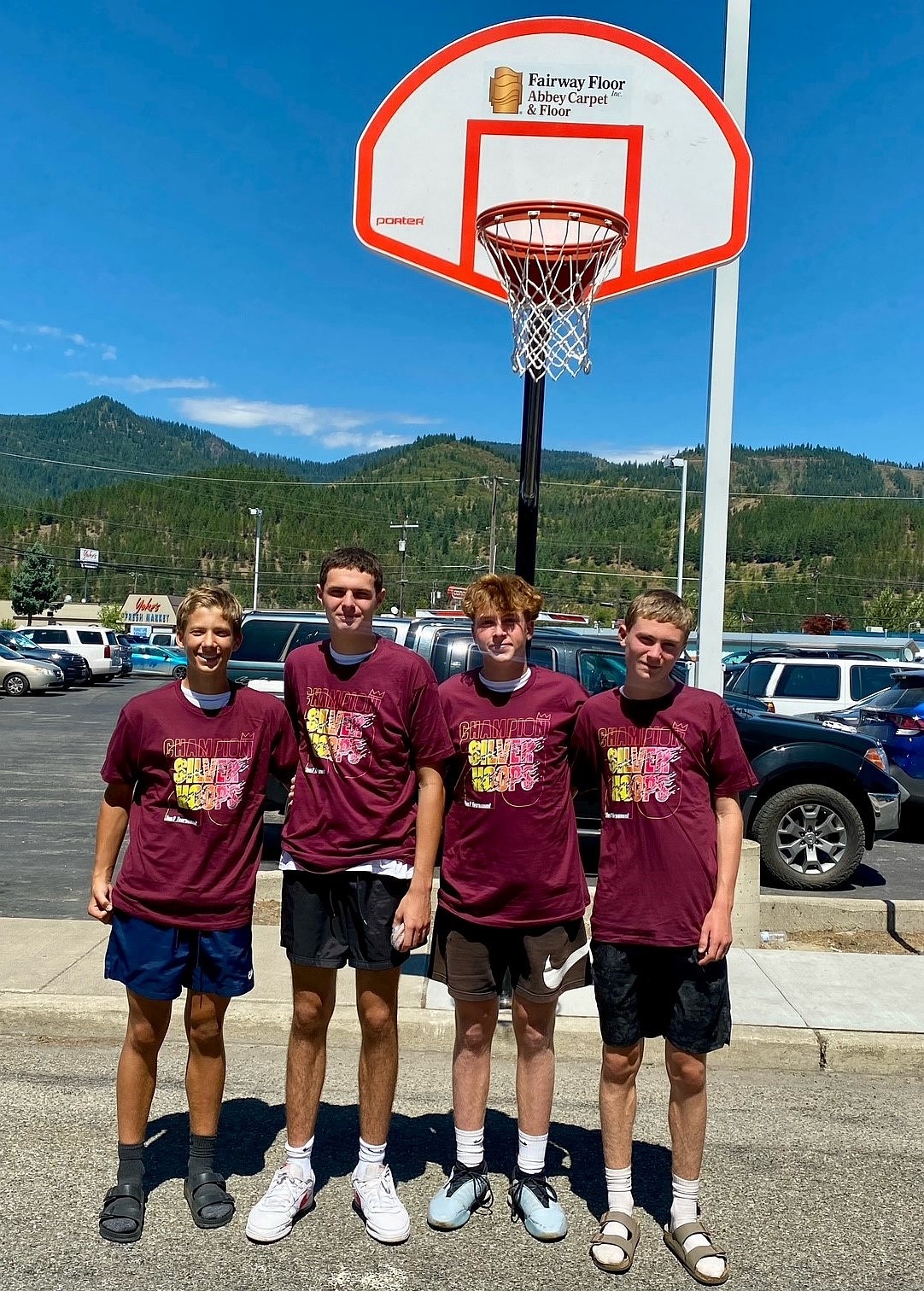 Courtesy photo
Sydney Sweeney Elite, a team of incoming freshman from Lake City High, won their Boys 9-10th grade bracket at the SilverHoops 3-on-3 basketball tournament in Kellogg on Sunday. From left are Jax Pearson, Holden Carpenter, Trent Lilyquist and Easton Clyne.
