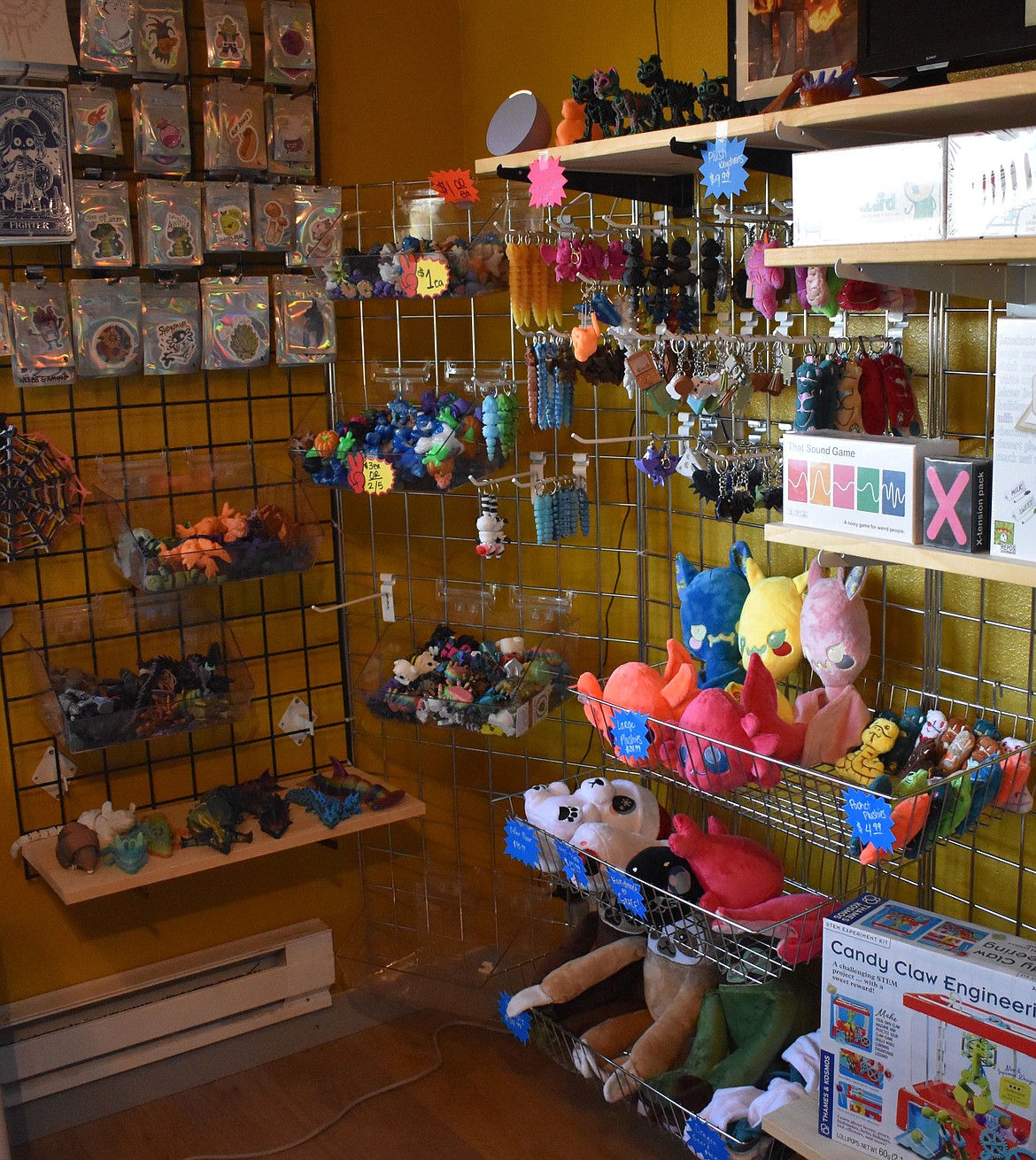 Garb & Gizmos sells products from larger brands but also features items created by locals in the Basin. The plush figures at the shop are sewn by the owners’ 17-year-old niece, Grace.