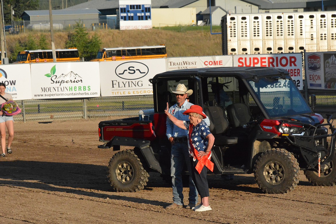Honorary Fair Lady, Eleanor Hollenback, was warmly welcomed into the arena during the Go for the Gold Rodeo on Saturday night. (Mineral Independent/Amy Quinlivan)