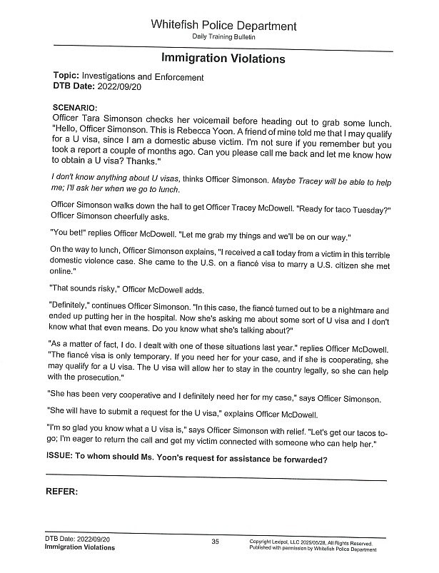A page of the training materials provided to Whitefish Police officers on immigration violations.