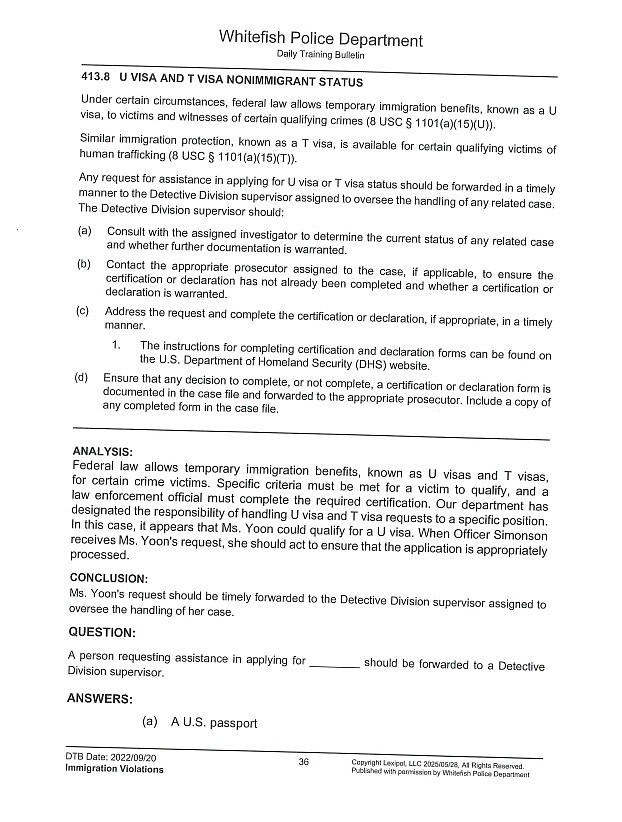 A page of the training materials provided to Whitefish Police officers on immigration violations.