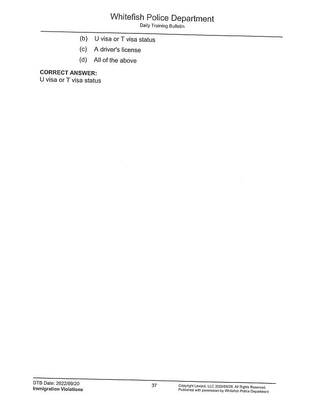 A page of the training materials provided to Whitefish Police officers on immigration violations.