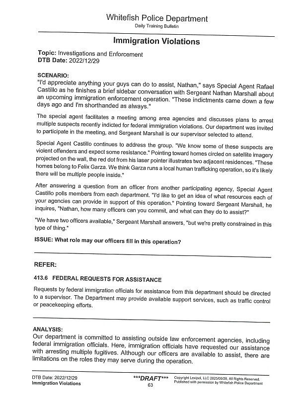 A page of the training materials provided to Whitefish Police officers on immigration violations.