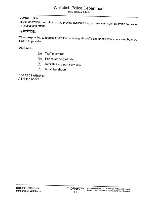A page of the training materials provided to Whitefish Police officers on immigration violations.