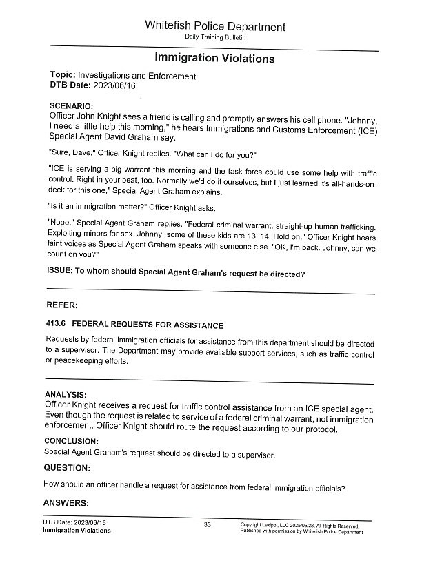 A page of the training materials provided to Whitefish Police officers on immigration violations.