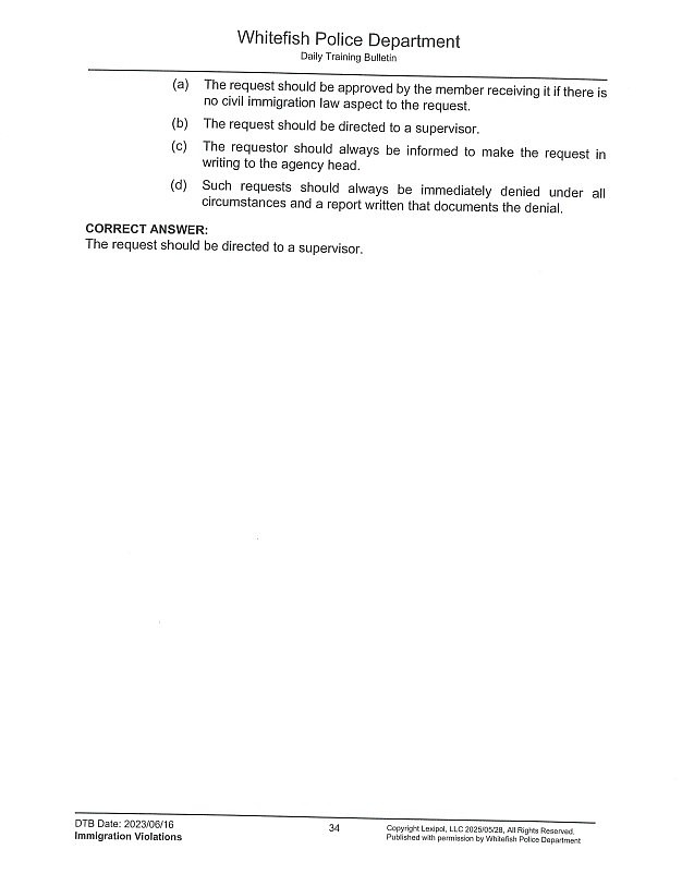 A page of the training materials provided to Whitefish Police officers on immigration violations.