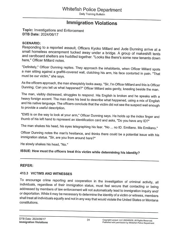 A page of the training materials provided to Whitefish Police officers on immigration violations.