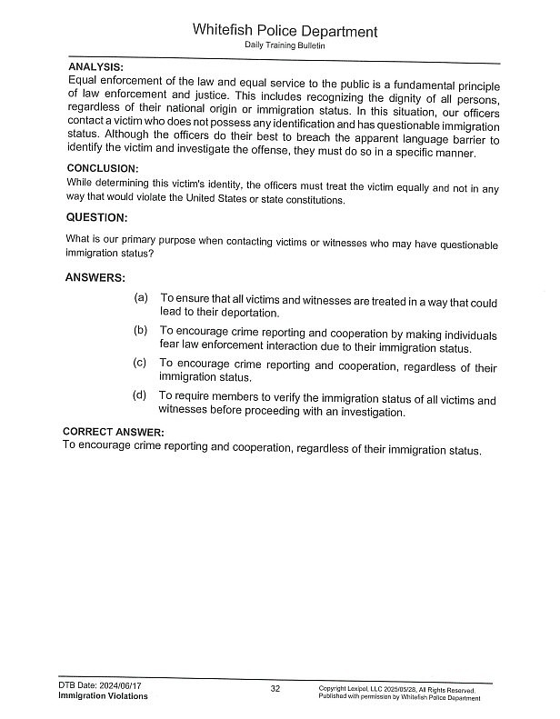 A page of the training materials provided to Whitefish Police officers on immigration violations.