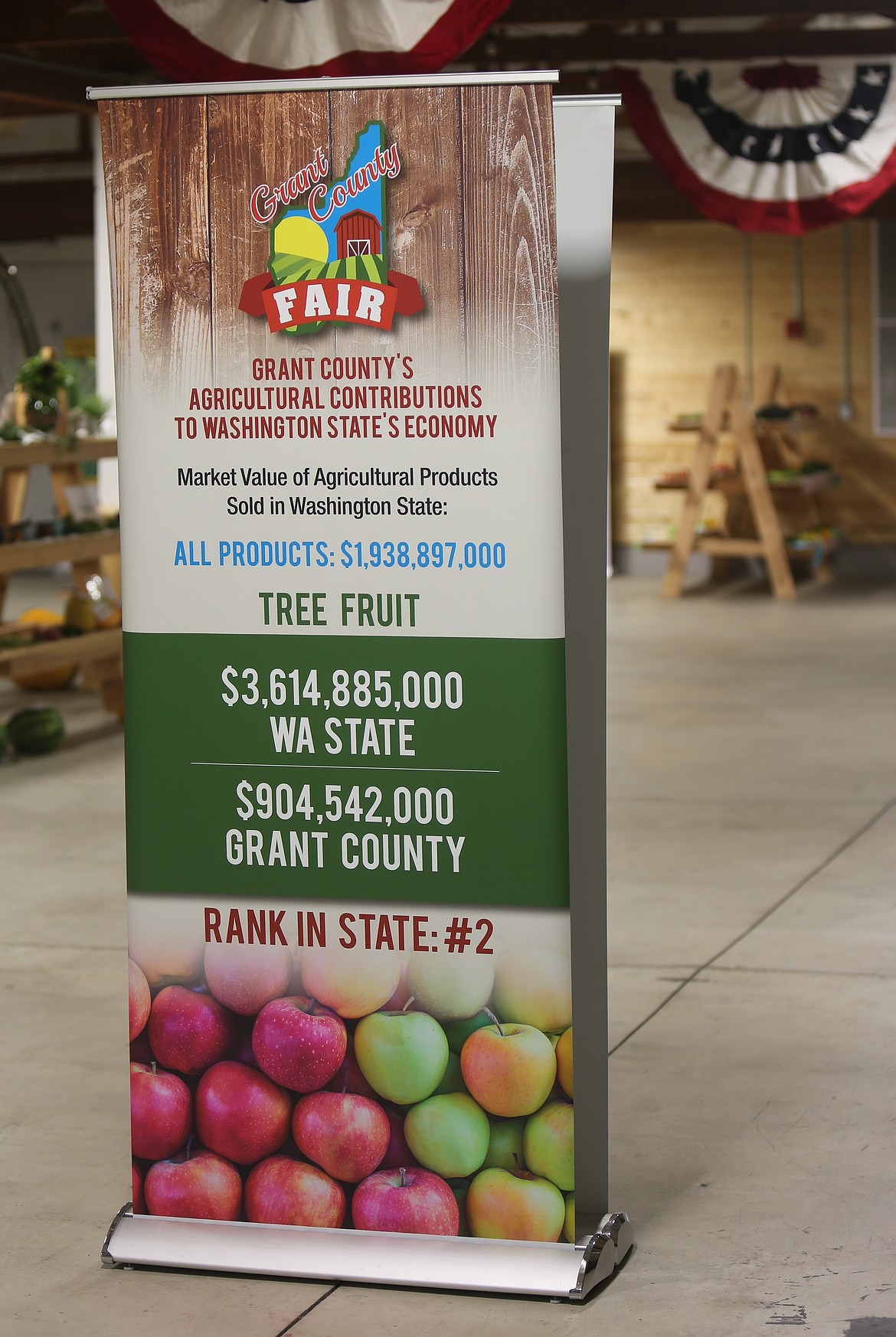 A poster outlines Grant County’s agricultural contributions to Washington state’s economy at the Master Gardeners’ Clinic held during the Grant County Fair.