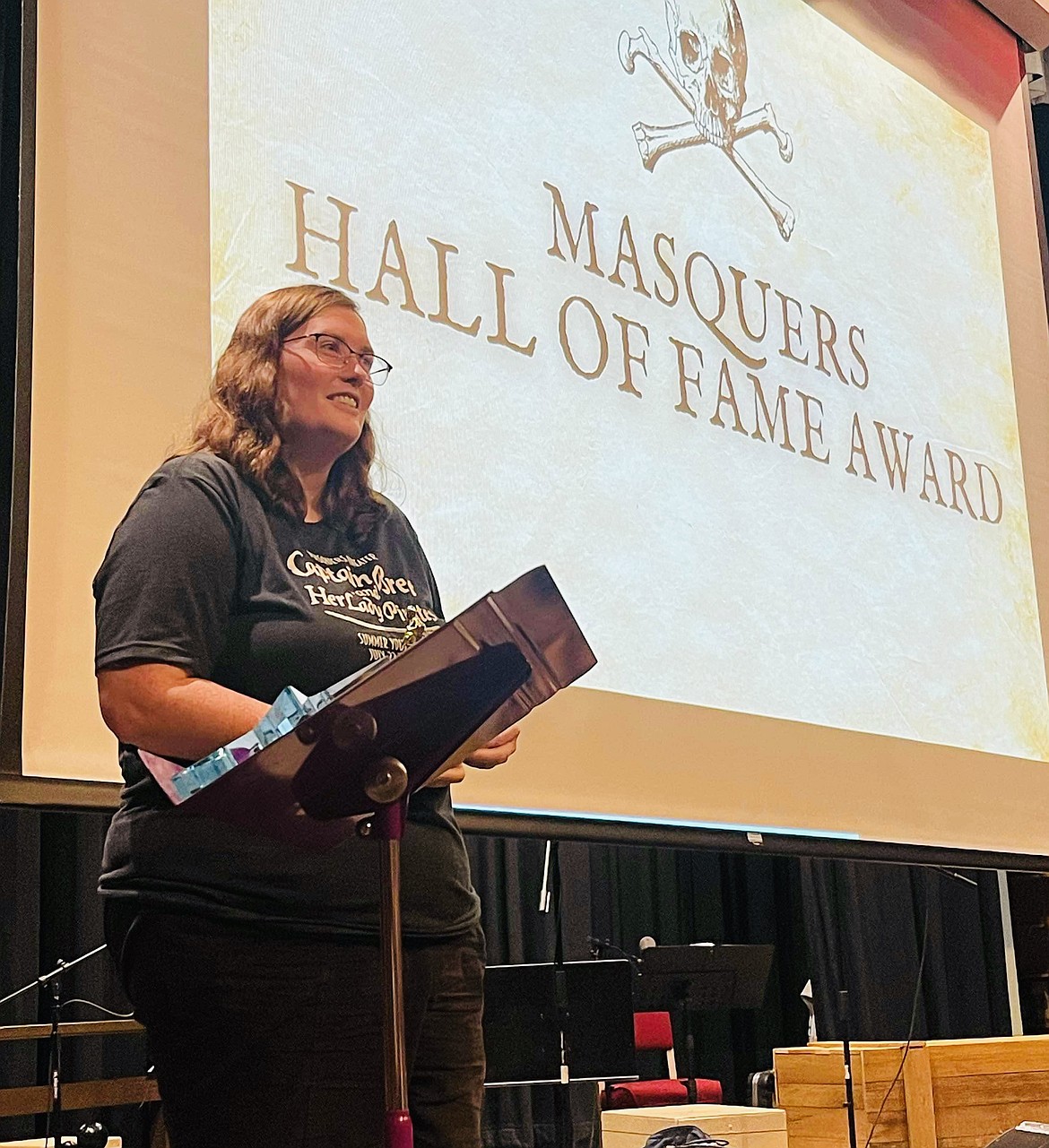 Masquers Theater board member Allison Pheasant is inducted into the Hall of Fame at last year’s gala.