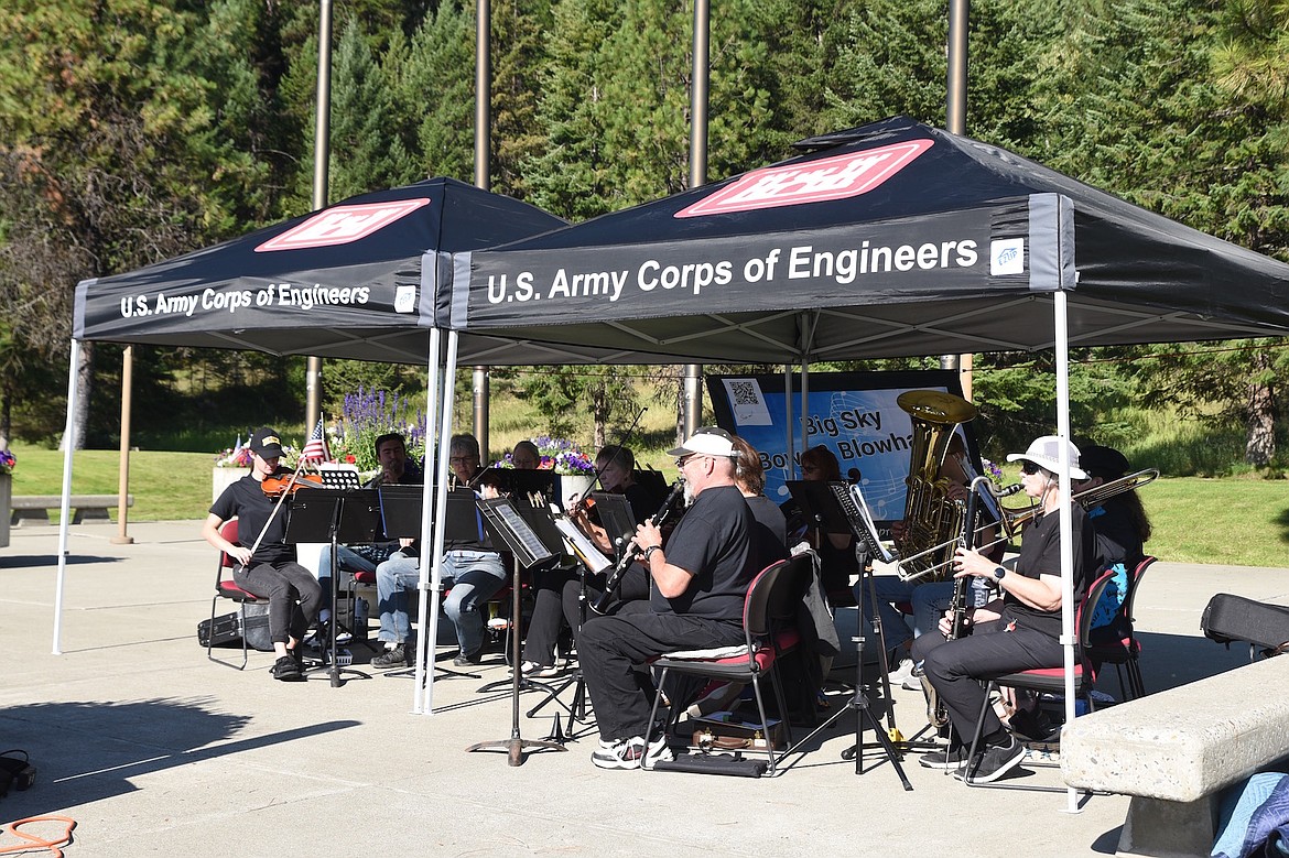 Libby's Big Sky Bows and Blowhards performed the National Anthem,
America the Beautiful and Stars and Stripes Forever at Libby Dam Saturday, Aug. 23, 2025, during the 50th anniversary ceremony. (Scott Shindledecker/The Western News)