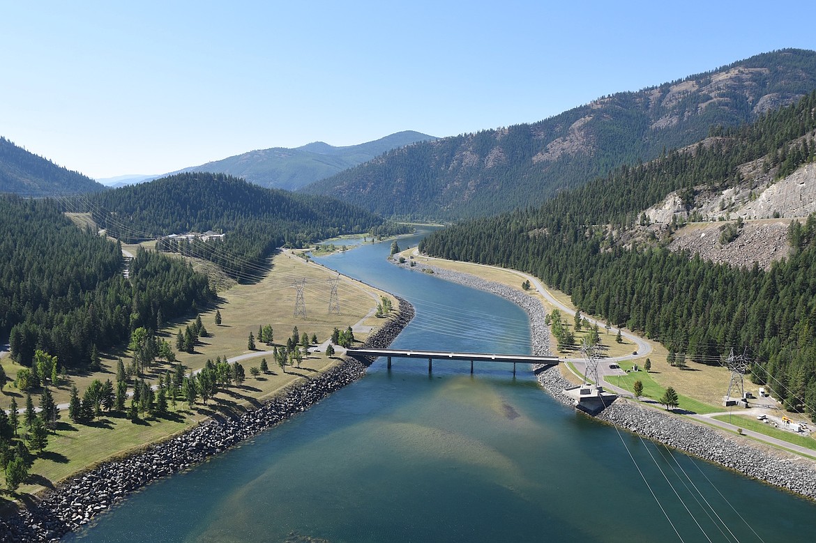 A downstream view from Libby Dam's Treaty Tower Saturday, Aug. 23, 2025, during the 50th anniversary ceremony. (Scott Shindledecker/The Western News)