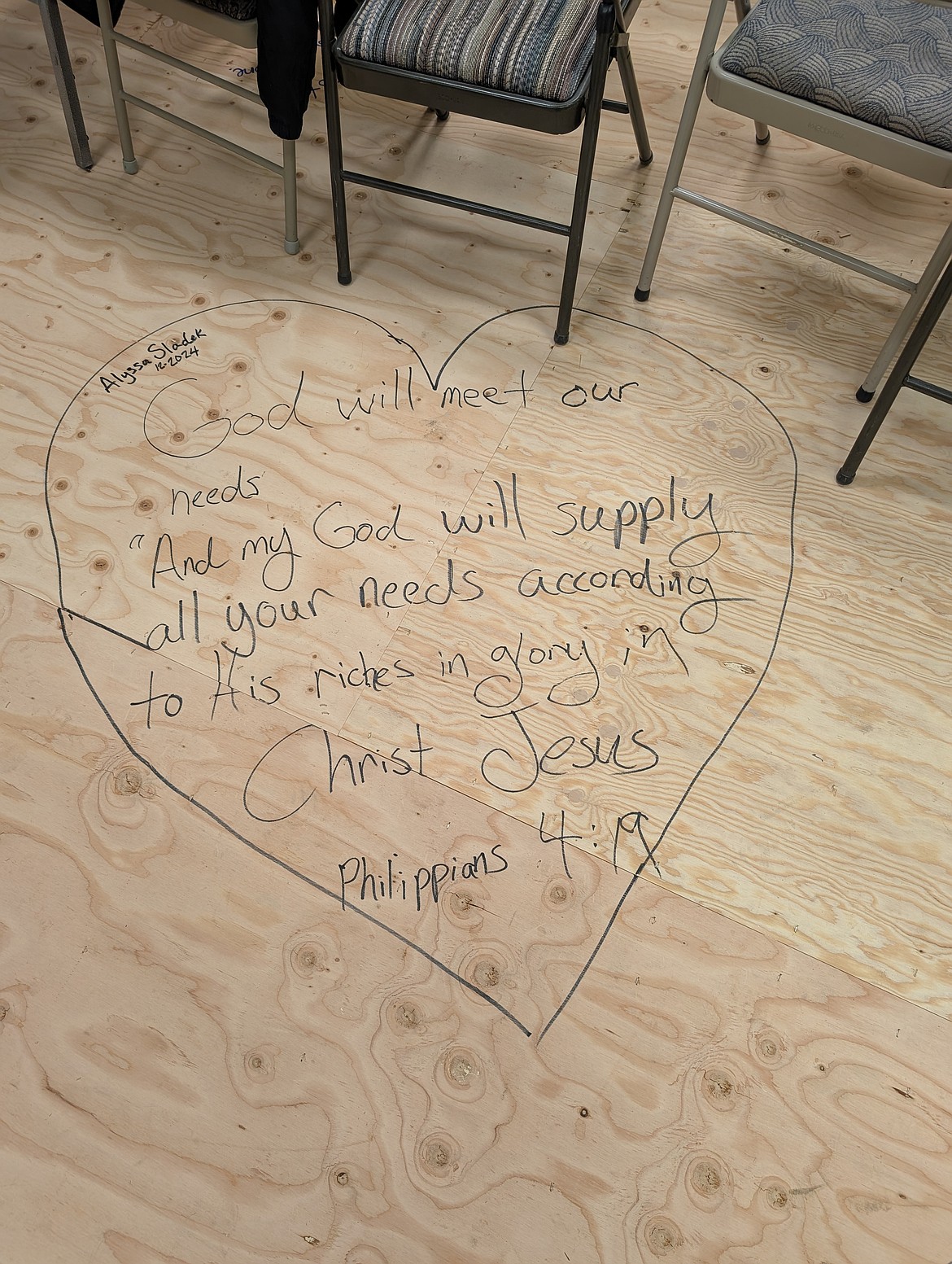 Alyssa Sladek's note on the floor of Kalispell Church of Christ, written the month she died. (Courtesy photo)