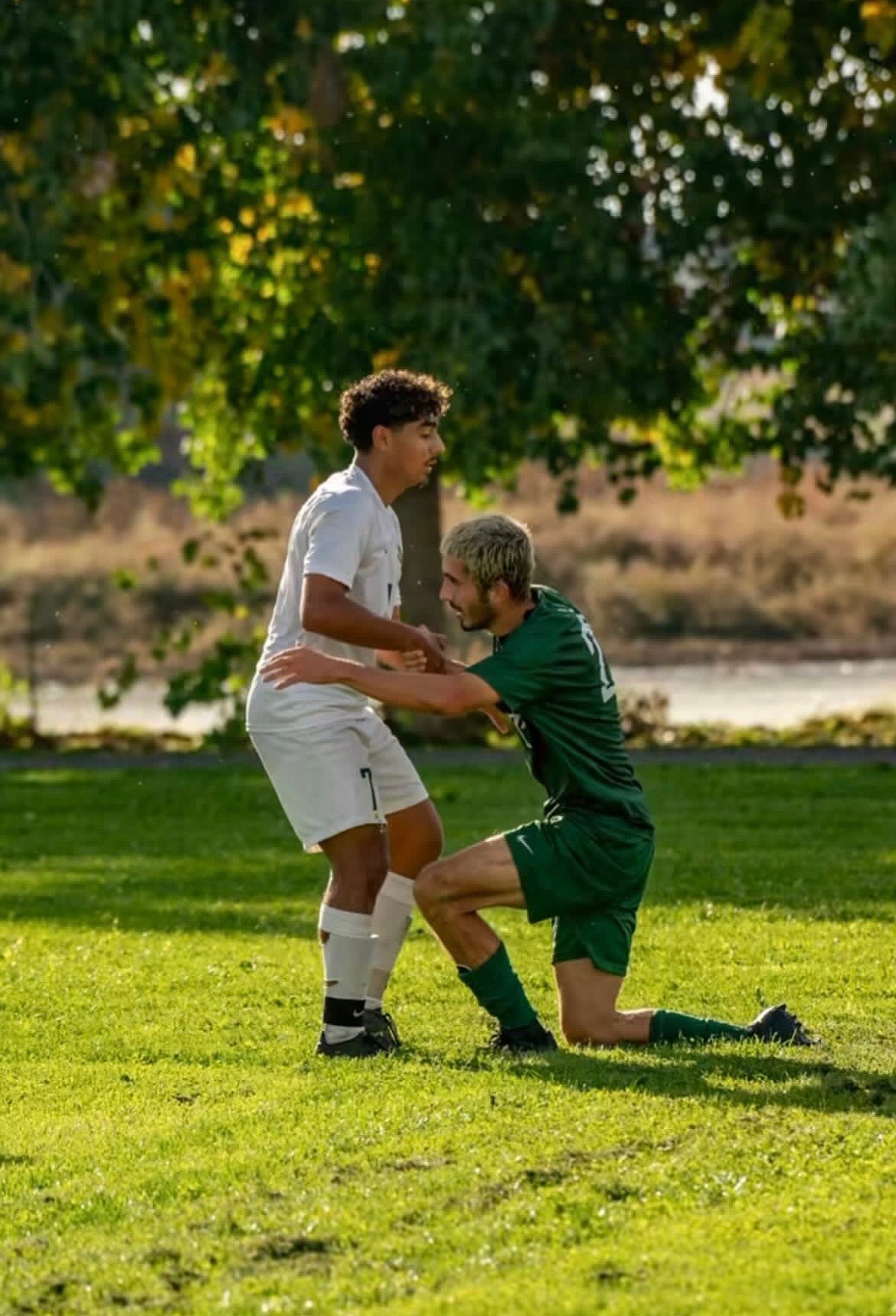 During a previous game for Walla Walla University, Israel Perez and his opponent try to prevent each other from making progress on the field. In his senior season with the Quincy Jacks, Perez was the team captain and led the team to the state playoffs.