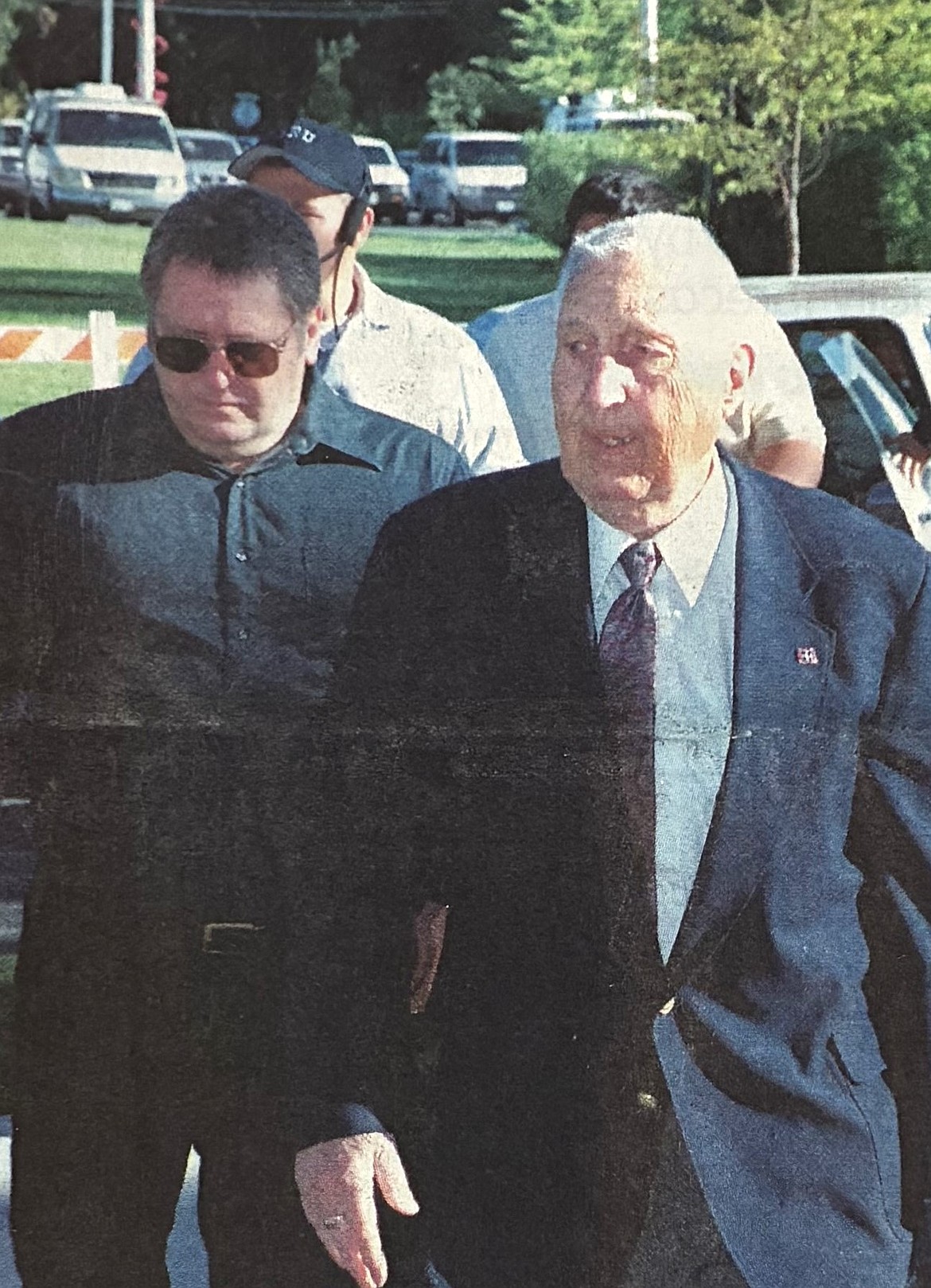 Richard Butler, right, arrives for the first day of the Aryan Nations civil trial Aug. 28, 2000.