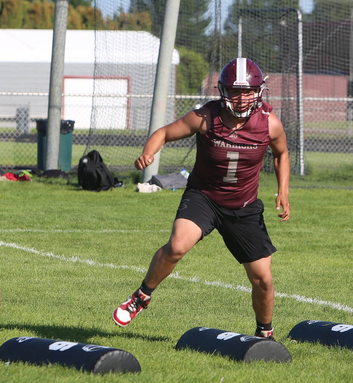 Warriors lineman Andres Gutierrez goes through footwork drills during practice. Gutierrez is a rising senior for the Warriors.