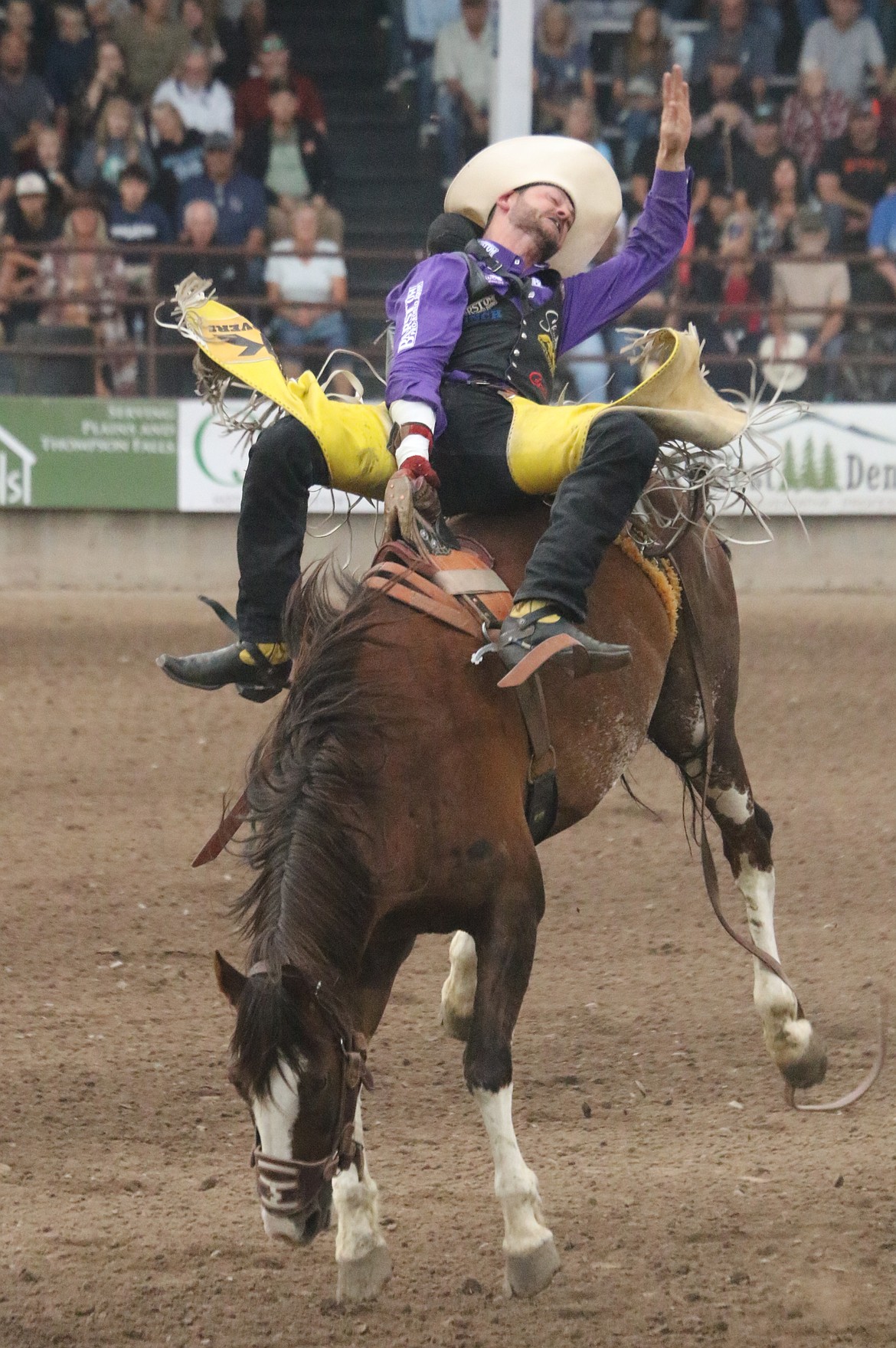 THE BUCK DOESN’T STOP HERE – RC Landingham works his ride for points at the Sanders County rodeo in Plains Thursday. (John Hamilton/VP-MI)