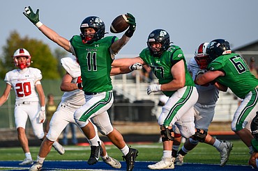 Glacier running back Asher Knopik (11) celebrates after a three-yard touchdown run in the first quarter against Bozeman at Legends Stadium on Friday, Sept. 5. (Casey Kreider/Daily Inter Lake)