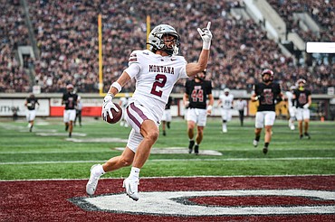 Grizzlies wide receiver and Glacier High graduate Drew Deck (2) scores a touchdown on a 50-yard reception in the second quarter against Central Washington on Saturday, Sept. 6. (Casey Kreider/Daily Inter Lake)
