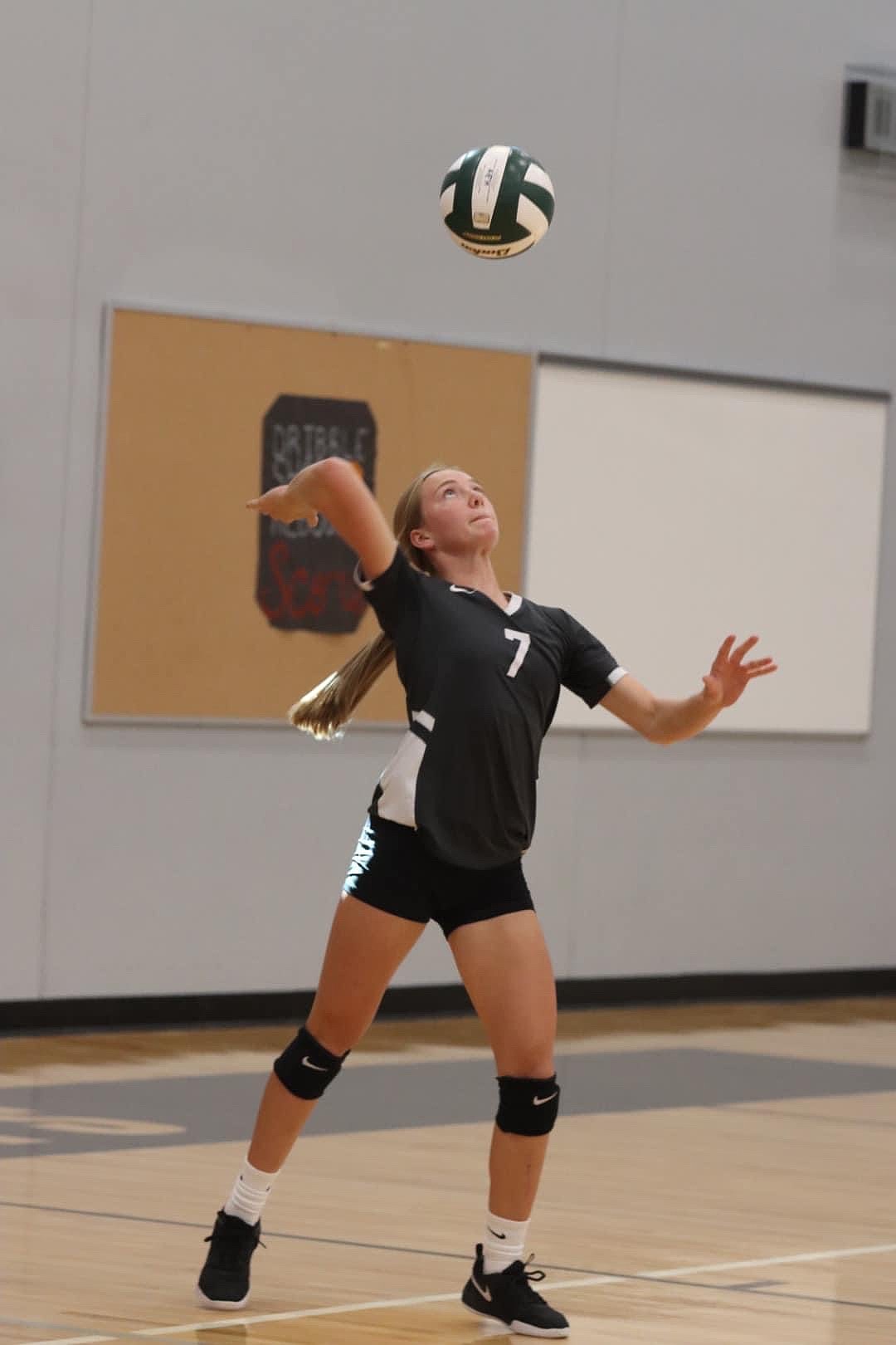Almira/Coulee-Hartline Warriors volleyball player Naomi Molitor serves during a game last season. Warriors Head Coach Katie Walsh said they battled against a quality team like the Eagles.