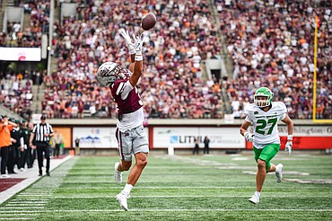 Grizzlies wide receiver Brooks Davis (3) catches a 28-yard touchdown reception in the fourth quarter against North Dakota at Washington-Grizzly Stadium on Saturday, Sept. 13. (Casey Kreider/Daily Inter Lake)