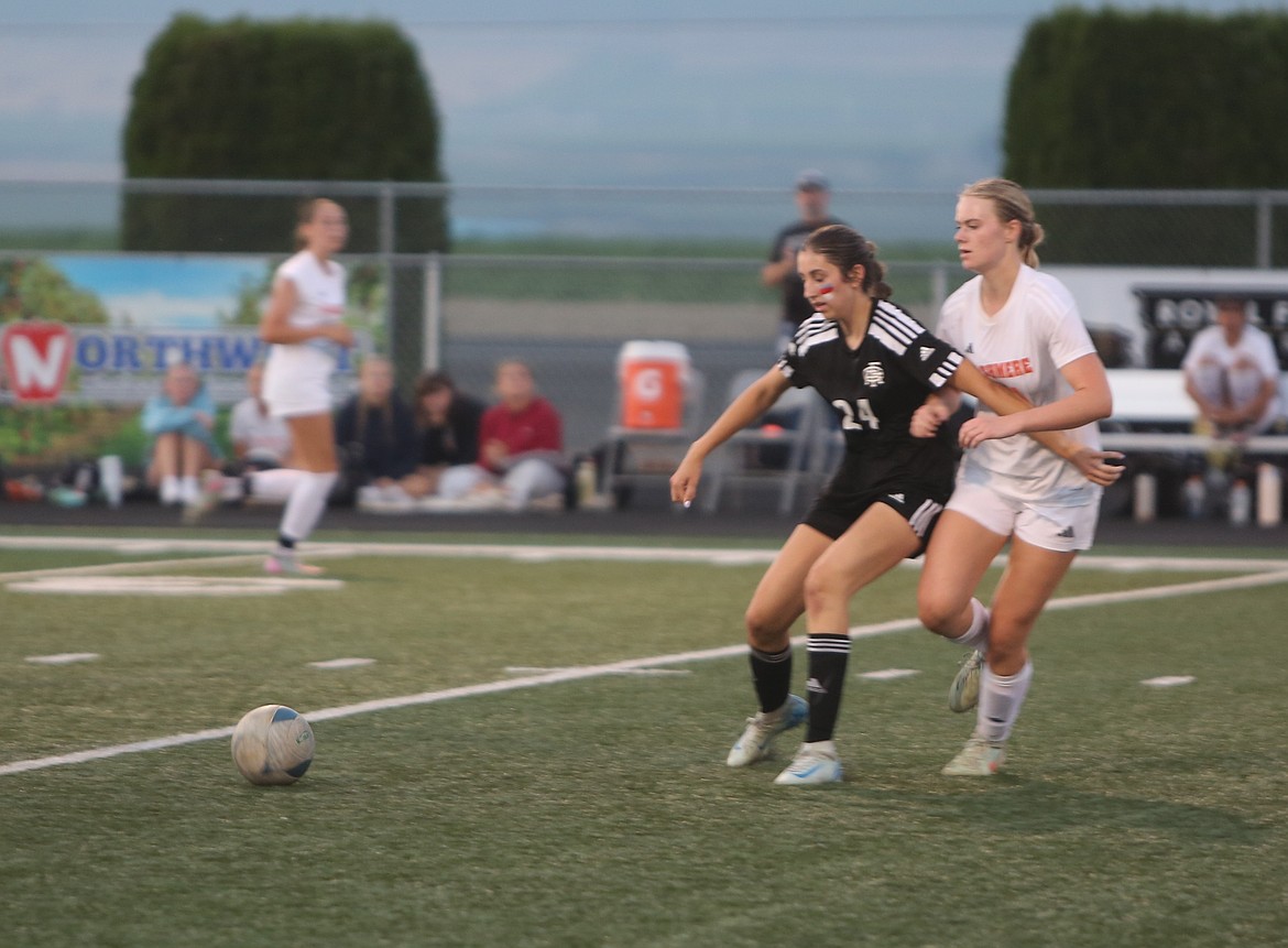 Knights’ Lauren Wardenaar fights for control of the ball against a Cashmere player. The Knights fell short at home to the Bulldogs 1-0. Head Coach Jens Jensen said Wardenaar caused problems for Cashmere at center mid.