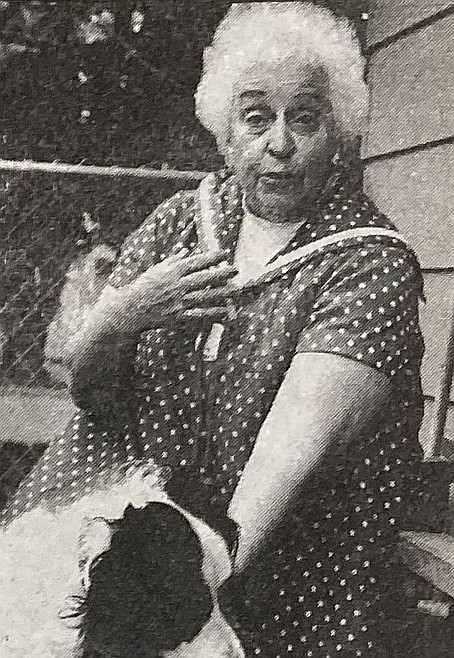 The indomitable Lois Land-Albrecht mugs for the camera with her rogue dog, Bandito, in the early 1980s.