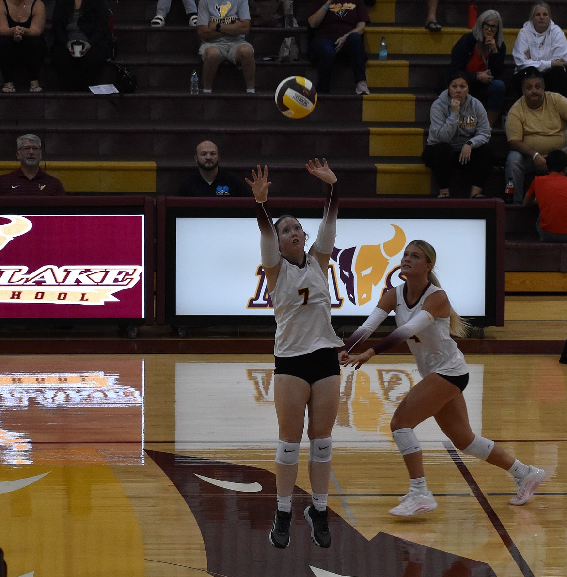 Bella Minor, 7, sets the ball while Addison Burns, 4, from the Mavericks keeps their eye on the ball during the first set against West Valley. Kardyn Martinez said she couldn’t have accomplished 500 kills without all of her teammates.