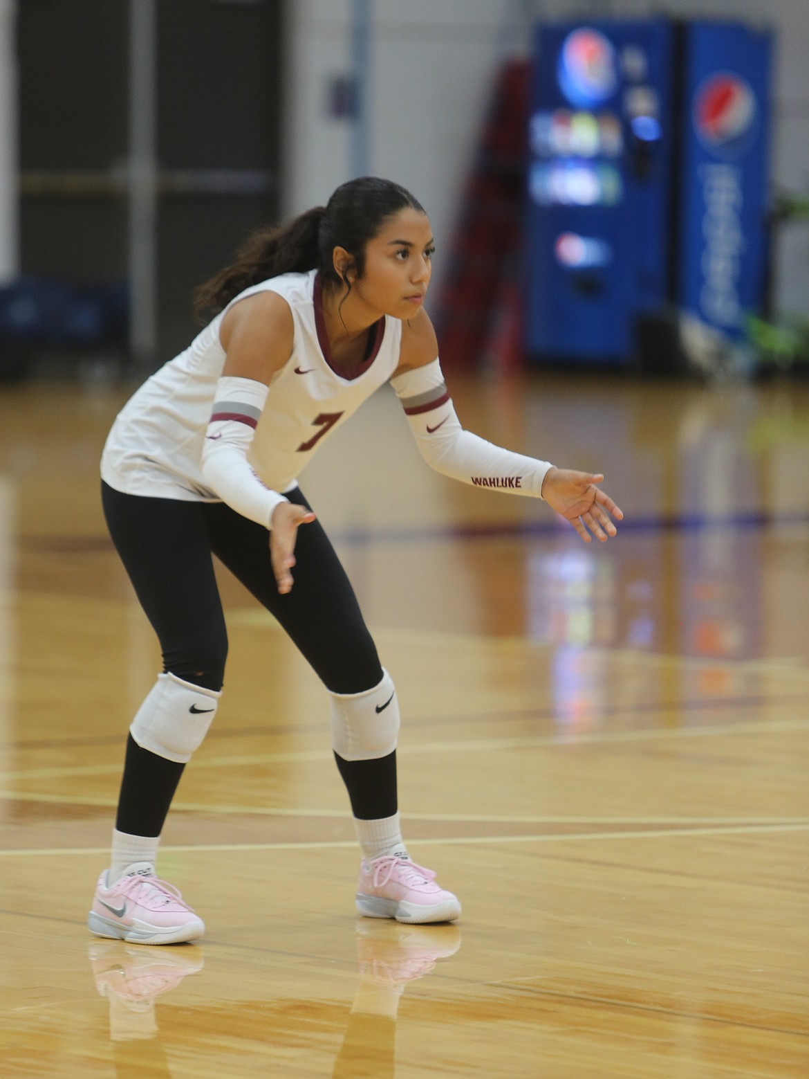 The Wahluke Warriors’ Aliah Valencia prepares for the Knights next serve. The Warriors jumped out to a 9-0 lead in the first set. Head Coach Monica Cortez said she is proud of how her team makes their opponents earn their points.