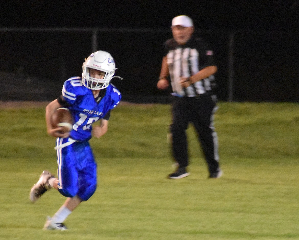Eagles’ sophomore Robert Aldana receives the kickoff and runs down the field against Dayton. Head coach Garrett Devine said working on ball security will be one of the main focuses at practice this week.