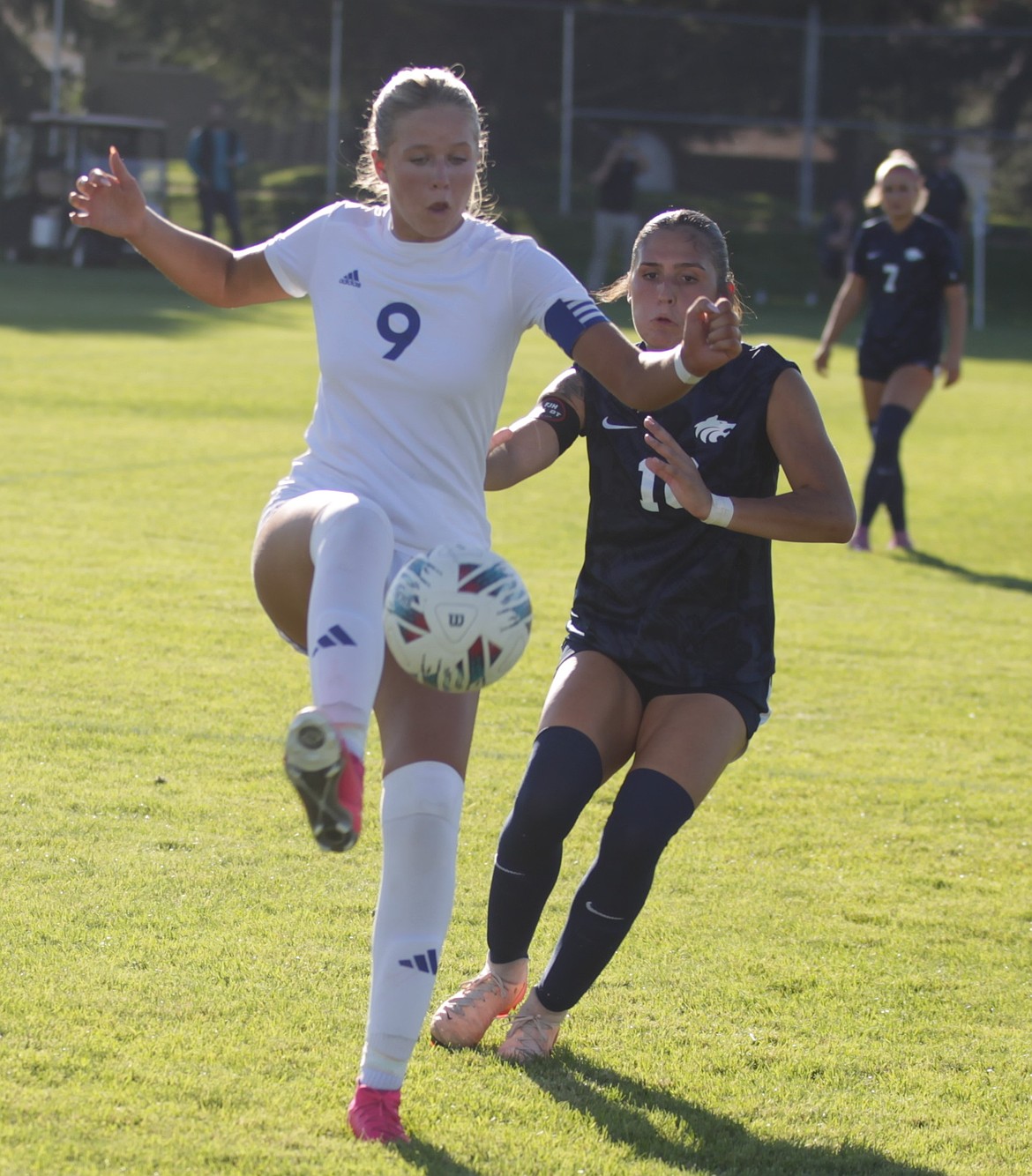 JASON ELLIOTT/Press
Coeur d'Alene senior midfielder Nora Ryan plays the ball off her foot during the first half of Tuesday's 6A Inland Empire League match against Lake City at the Irma Anderl Soccer Complex at Lake City High.