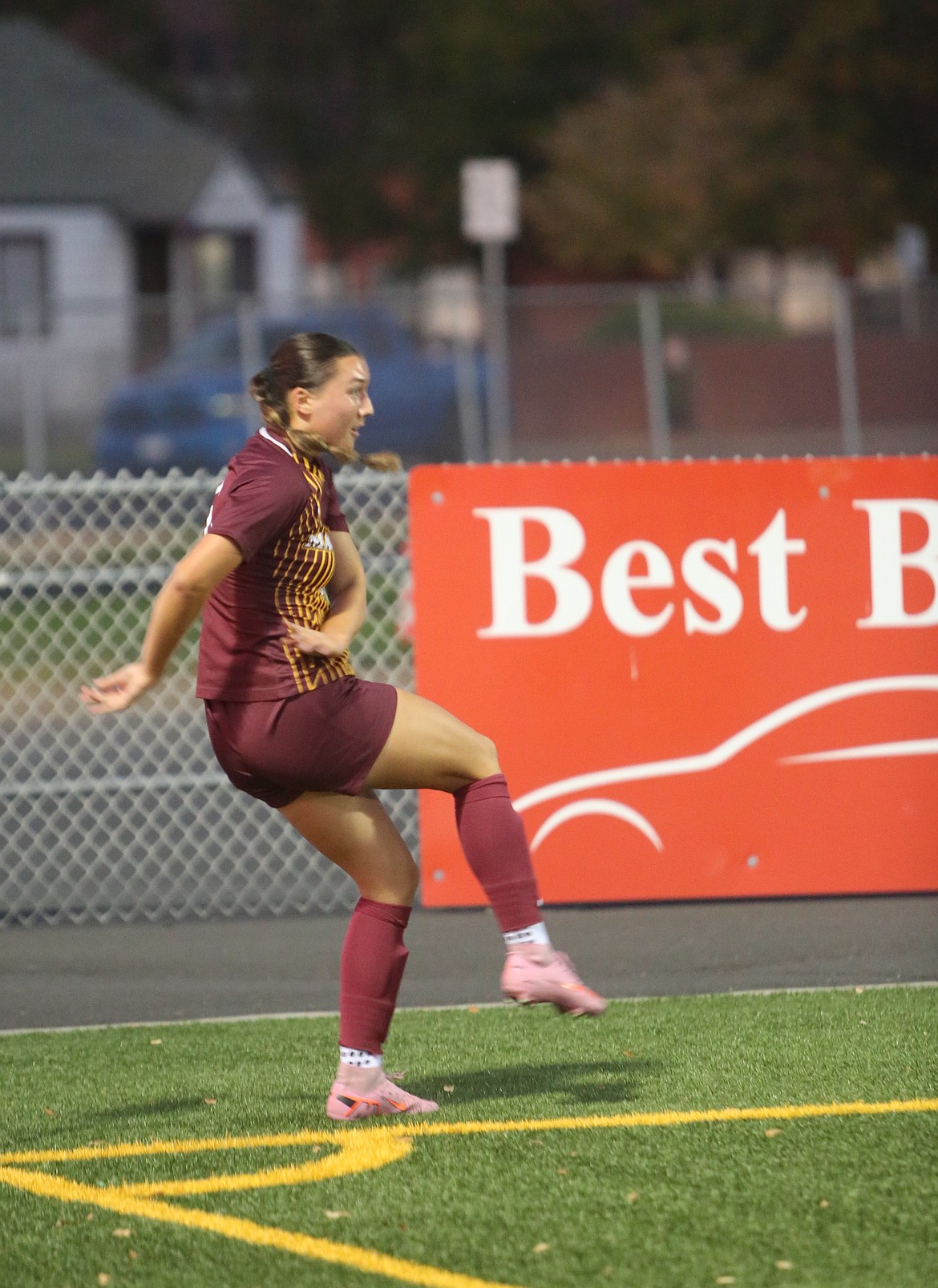 The Mavs’ Kamery Char (16) kicks the ball back into play. Head Coach Alysha Overland said she believes her team will bounce back from its loss to Wenatchee.