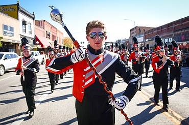 The Flathead High School Marching Band performs during the homecoming parade on Main Street in Kalispell on Wednesday, Sept. 24. (Casey Kreider/Daily Inter Lake)