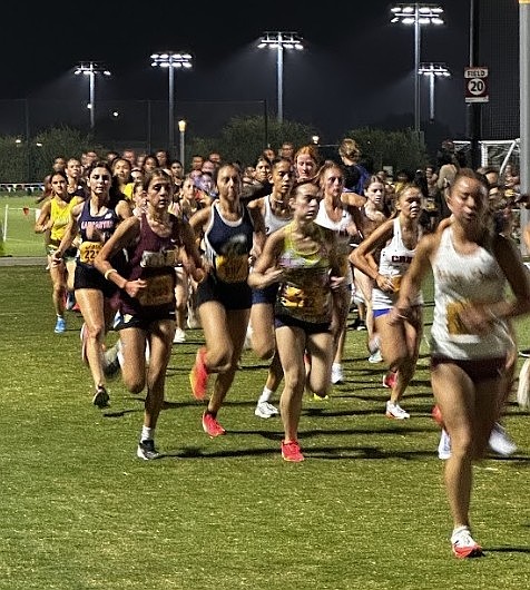 The Mavs’ Aspen Hoenes, toward the left, runs in her three-mile race. Hoenes' time of 18:10.6 places her second best in school history for the three-mile race.