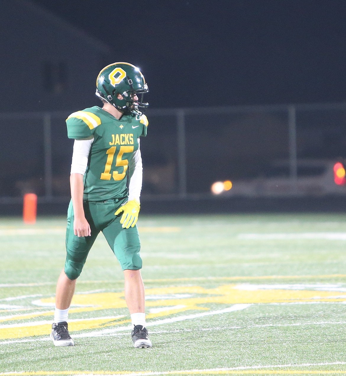 The Jacks’ Jayden Baughman (15) lines up on the field in their game against Ephrata earlier this season.
