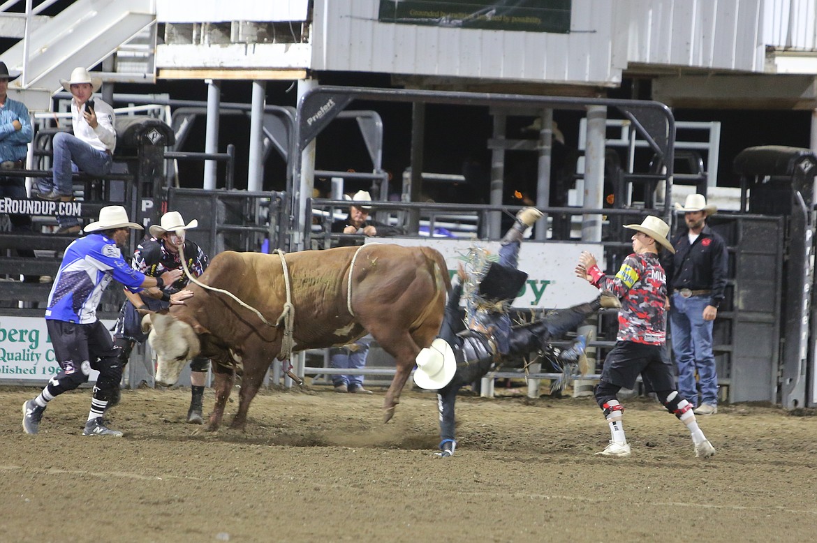 A bull rider is thrown off an animated bull during the Moses Lake Roundup at the Grant County Fair.