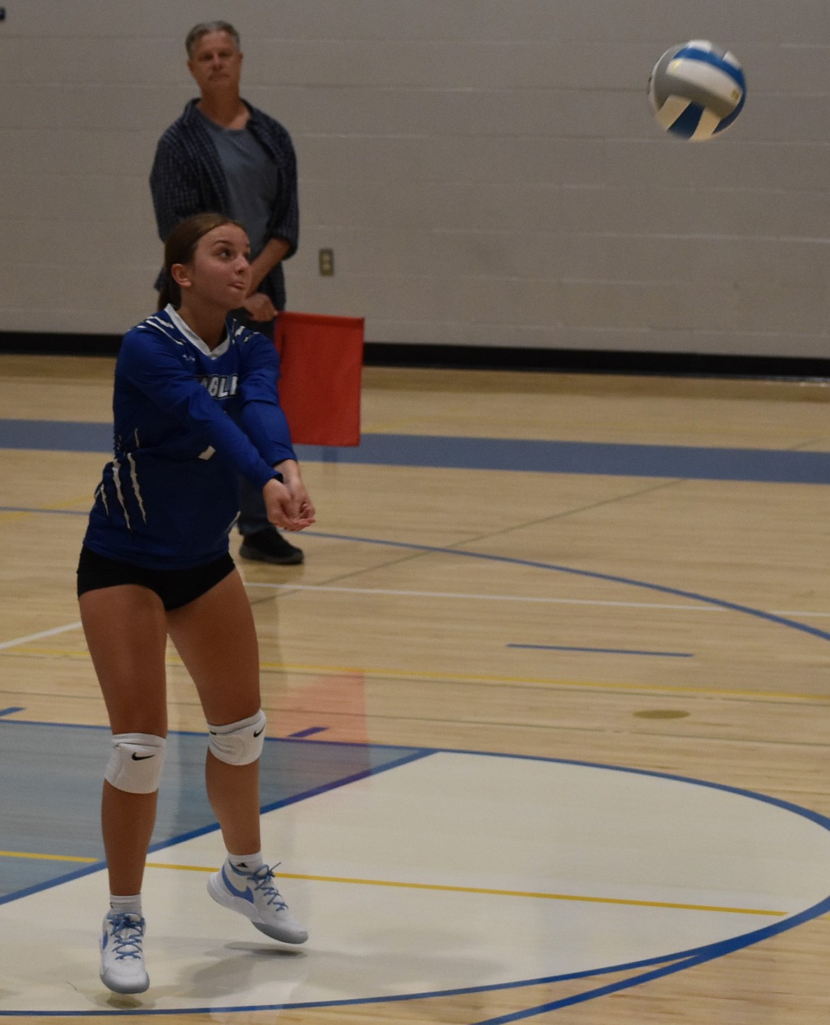 Marina Zubritskiy from the Eagles bumps the ball back over the net during Wednesday’s game. Eagles head coach Niki Noble said the team still has a lot of room for growth as they head into the second half of the season.