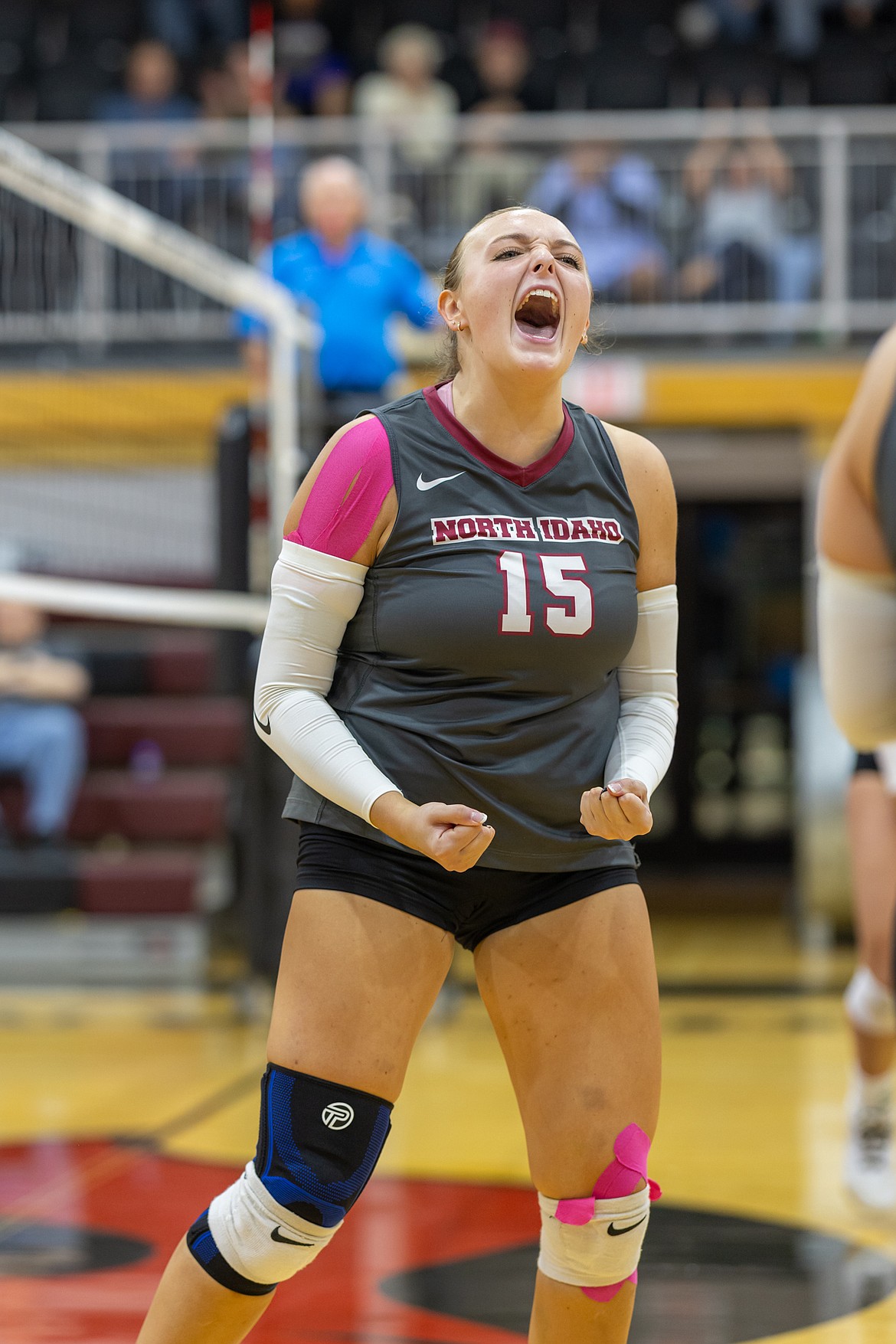 KYLE DISHAW PHOTOGRAPHY
North Idaho College's Olivia Naccarato, a sophomore middle blocker from Coeur d'Alene High, celebrates a point during the Cardinals Scenic West Athletic Conference match against Salt Lake on Thursday at Christianson Gymnasium.
