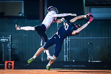 Glacier wide receiver Dylan Banzet (40 catches a touchdown pass in the second quarter against Missoula Sentinel at Legends Stadium on Friday, Oct. 3. (Casey Kreider/Daily Inter Lake)