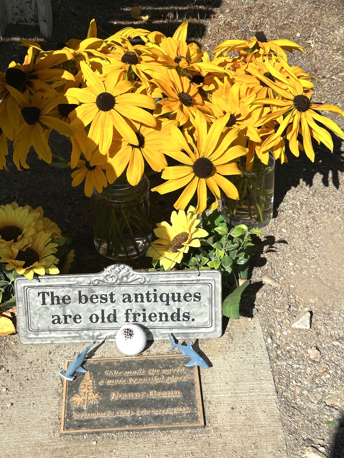 Flowers and other memorials are left by the plaque next to the bench dedicated to Joanne Braun.