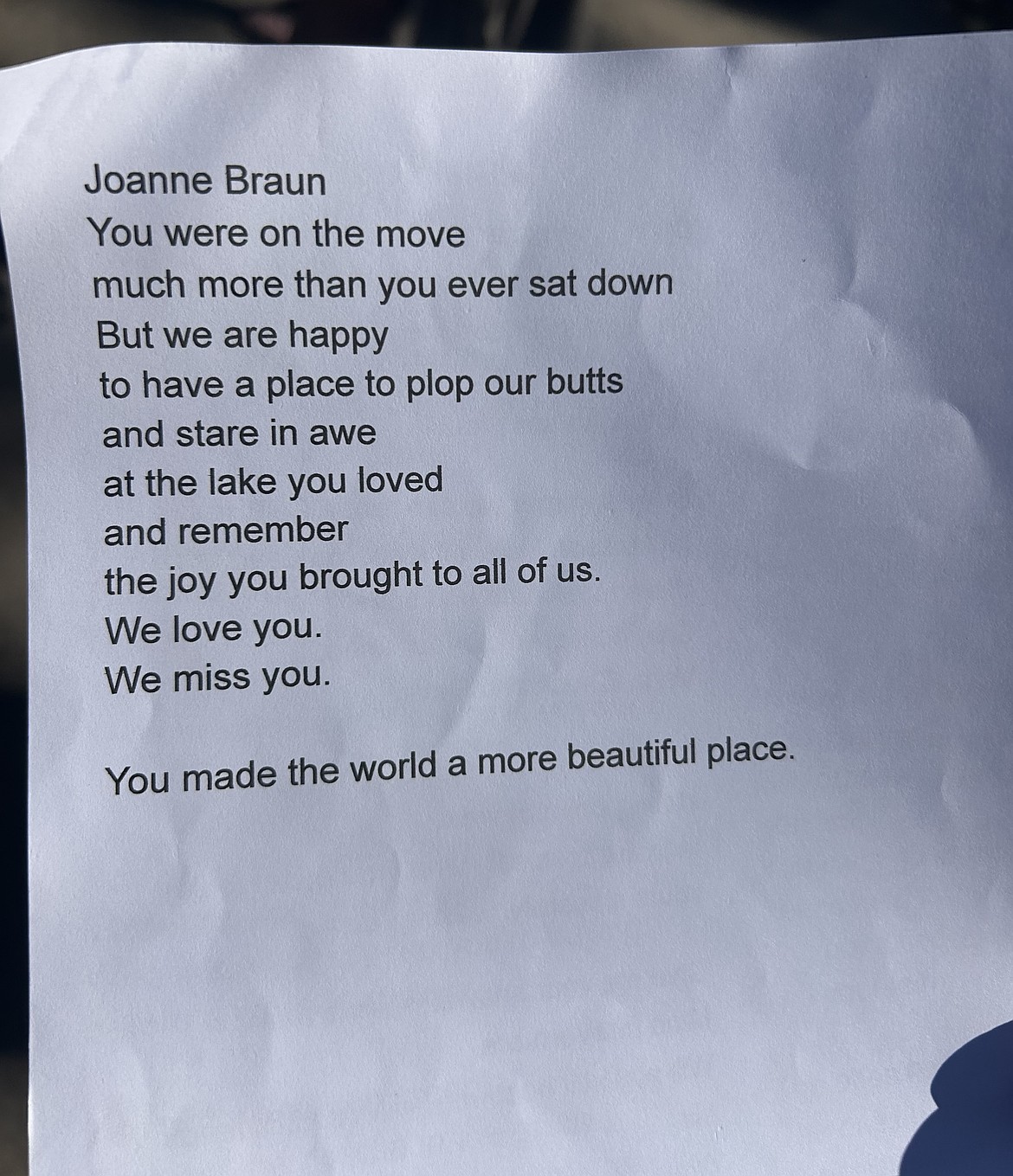 A note for Joanne Braun was read in her memory last Sunday at Sanders during a bench dedication in her name.