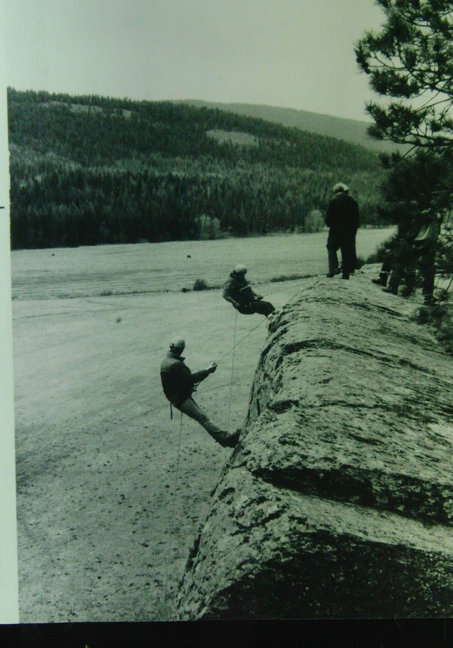 Flathead County Search and Rescue volunteers rappel the Kila Cliffs. It is unknown what year this photo taken. (Courtesy of Deb Sullivan)