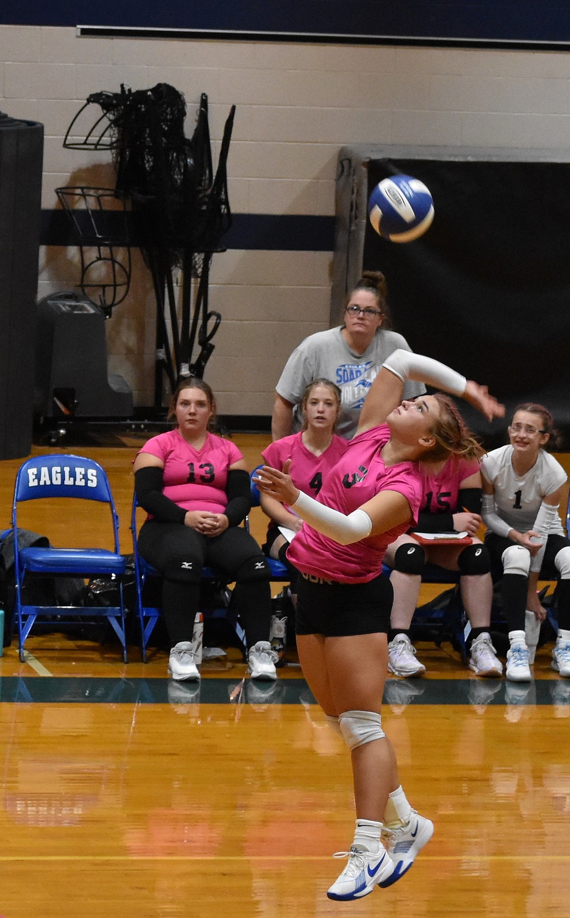 Eagles senior Liana Sushik goes for the kill during Monday’s matchup against Waterville-Mansfield. This game marked the Eagles sixth straight win this season.