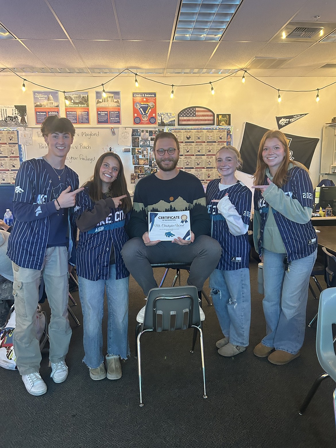 Lake City High School's Teacher of the Month is Christopher Ward. From left: Aidan Smith, Tessa Petersen, Ward, Scout Brown and Maddie Gilmore.