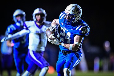 Columbia Falls wide receiver Caleb Mee (24) catches a touchdown reception in the second quarter against Polson at Satterthwaite Field on Friday, Oct. 17. (Casey Kreider/Daily Inter Lake)