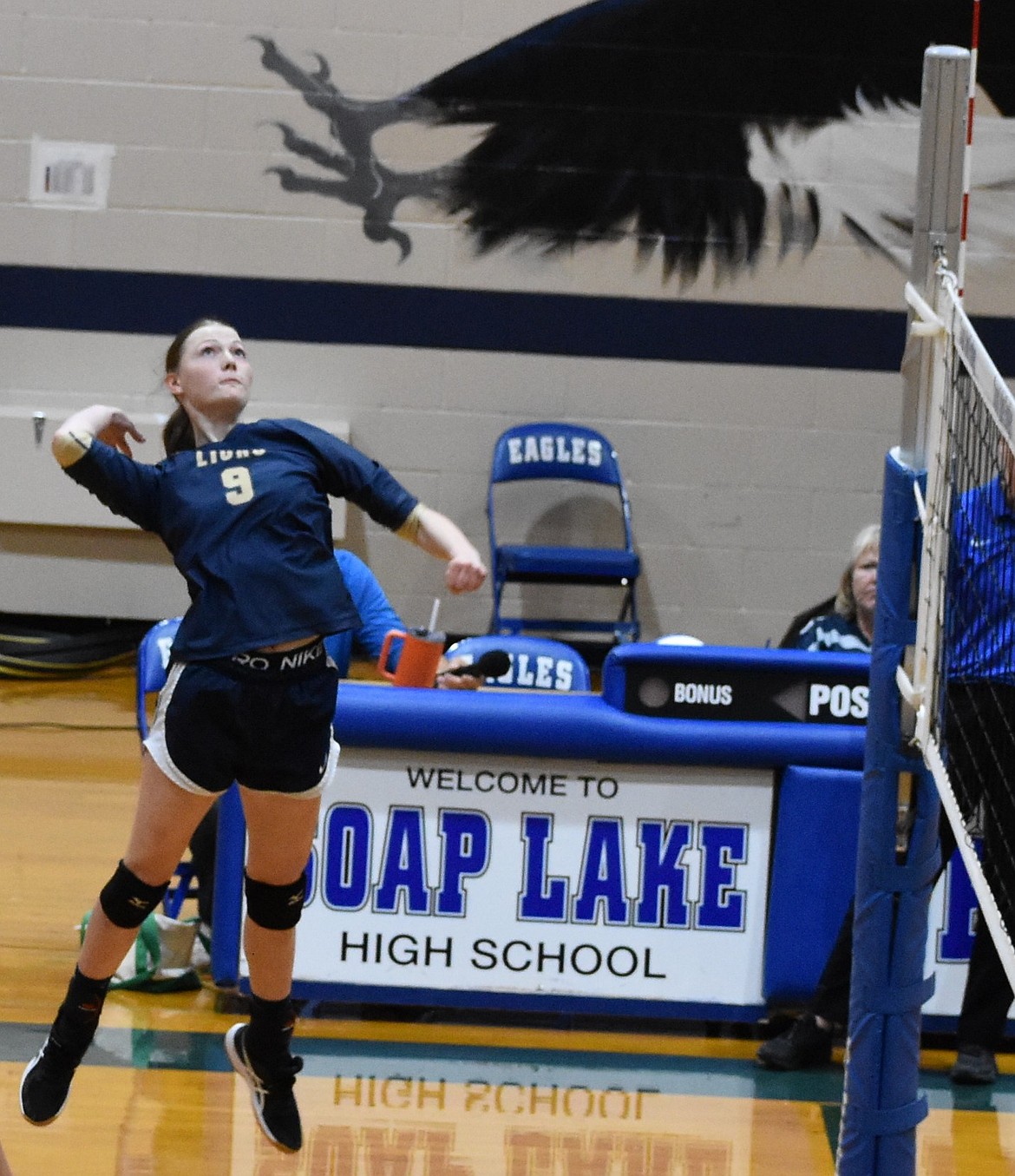 Clarissa Shopbell with the Lions prepares to spike the ball during Tuesday’s matchup against the Eagles. Lions Head Coach Dean Spurbeck said he was happy with the team’s performance and that this was a good game for the teams as they near postseason play.