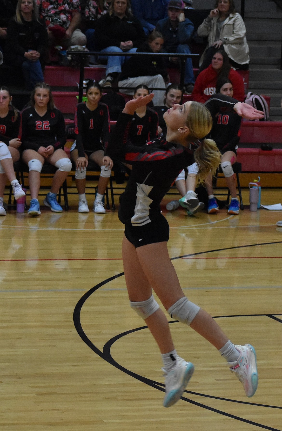 Abbie Douglas, a senior for the Huskies, prepares to spike the ball against the Jacks during Wednesday’s matchup. Huskies head coach Steve Parris said the Huskies are going to keep working even harder as they prepare for the district tournament.